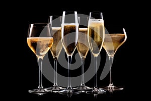 Set of crystal-clear flute glass of champagne isolated on black background