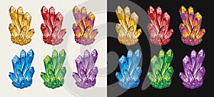 Set of crystal gems, druse of gemstones.