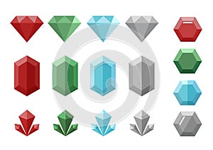 Set of crystals or diamonds with four different forms and colors.