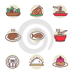 Set of cuisine icons in linear color style