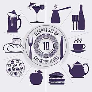 Set of 10 culinary icons - coffee turk, wine bottle, cup, teapot photo