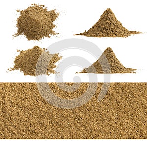 Set of cumin powder pile and texture isolated on white