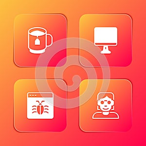 Set Cup of tea with tea bag, Computer monitor screen, System bug and Hacker coder icon. Vector