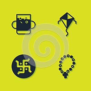 Set Cup of tea and leaf, Rosary beads religion, Hindu swastika and Kite icon. Vector