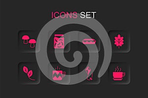 Set Cup of tea, Pickled cucumbers in jar, Mushroom, Kite, Leaf, Coffee cup, Homemade pie and icon. Vector