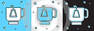 Set Cup of tea with tea bag icon isolated on blue and white, black background. Vector