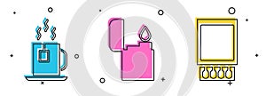 Set Cup of tea with tea bag, Lighter and Open matchbox and matches icon. Vector