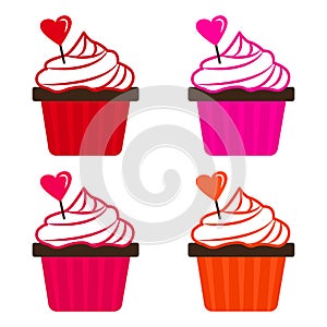 Set of cupcake with heart for Valentine`s Day. Vector illustration