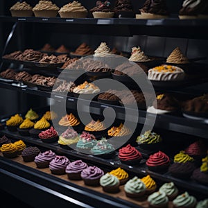 Set of Cupcakes in a Bakery Store Behind Glass Vitrine - Generative AI