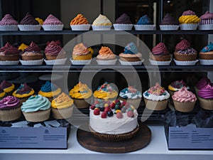 Set of Cupcakes in a Bakery Store Behind Glass Vitrine - Generative AI