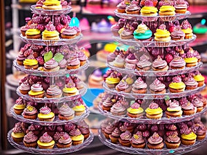 Set of Cupcakes in a Bakery Store Behind Glass Vitrine - Generative AI