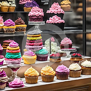 Set of Cupcakes in a Bakery Store Behind Glass Vitrine - Generative AI