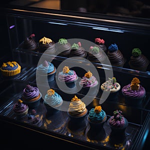 Set of Cupcakes in a Bakery Store Behind Glass Vitrine - Generative AI