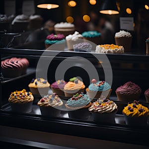 Set of Cupcakes in a Bakery Store Behind Glass Vitrine - Generative AI