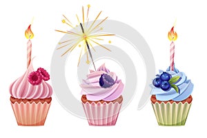 Set of cupcakes with candles and sparklers on an isolated white background. Beautiful cupcake with raspberries