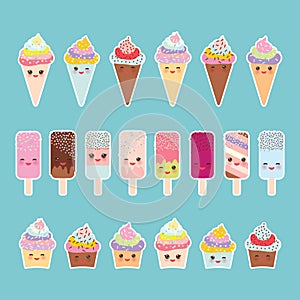 Set cupcakes with cream, ice cream in waffle cones, ice lolly Kawaii with pink cheeks