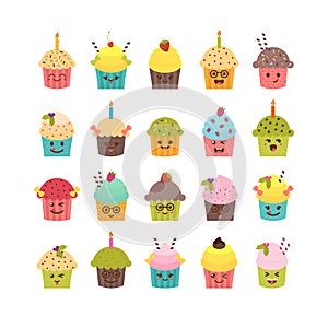 Set of cupcakes and muffins. Kawaii cupcakes set.