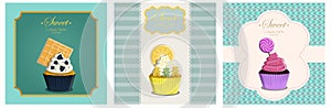 Set of Cupcakes in a retro style with a geometric background and retro elements. Vector greeting card for a birthday or