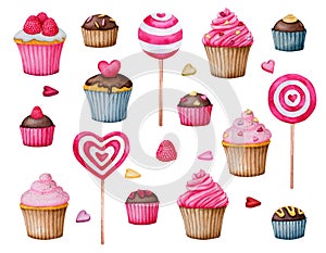 A set of cupcakes and sweets. Collection of watercolor elements