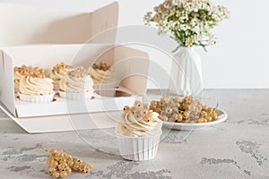 Set of cupcakes with white currants in a box