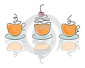 Set of cups with coffee and cocktail, line art. Black contour and colored spots with reflection. Drinks illustration