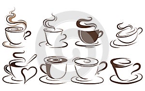 Set of cups of coffee. Collection of stylized coffee cups. Vector illustration of hot drinks. Logos for coffee shops.