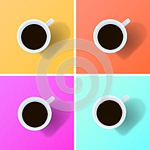 Set of cups of coffee, tea top view on red, yellow, blue, pink background