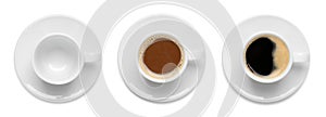 Set with cups of hot aromatic coffee on white, top view. Banner design