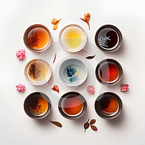 Set of cups of tea on a white background. Top view.
