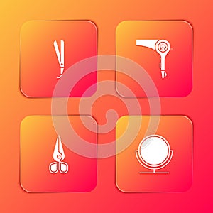 Set Curling iron, Hair dryer, Scissors and Round makeup mirror icon. Vector