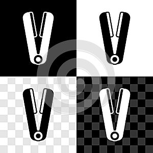 Set Curling iron for hair icon isolated on black and white, transparent background. Hair straightener icon. Vector