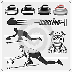 Set of curling labels, emblems and design elements.