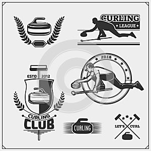 Set of curling labels, emblems and design elements.