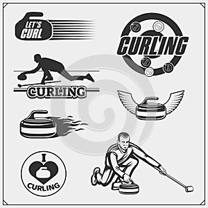 Set of curling labels, emblems and design elements.