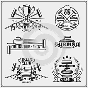 Set of curling labels, emblems and design elements.