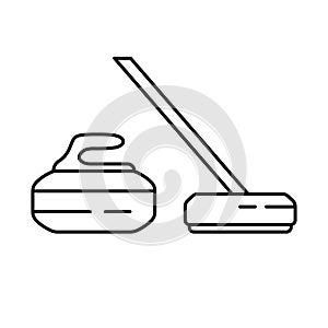 Set of curling stone and broom. Line art icon of sport equipment. Black simple illustration. Contour isolated vector on white