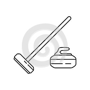 Set of curling stone and rectangular broom. Linear icon of sport equipment. Black simple illustration. Contour isolated vector on