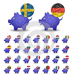 Set currencies flags and piggy bank europe