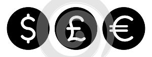 set of currency symbols british pound, euro, dollar, black filled circle icons, money icon vector vector illustration