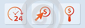 Set Cursor and coin, Clock 24 hours and Magnifying glass and dollar. White square button. Vector