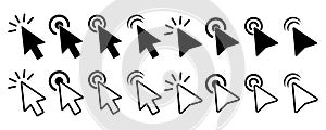 Computer mouse click - black icon. Click here, touch, press, push in computer cursor. Internet pointer, web sign