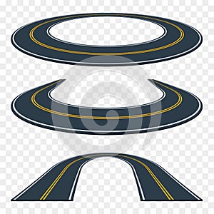 Set of curved asphalt road in perspective. Highway icons.