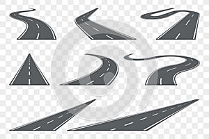 Set of curved asphalt road in perspective. Highway icons.