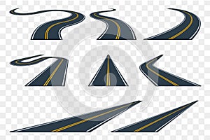 Set of curved asphalt road in perspective. Highway icons.