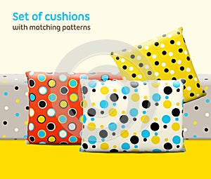 Set of cushions and pillows with matching seamless patterns