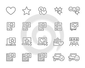 Set of customer review line icons. Client satisfaction, good service, rating, quality control, add to favorites and more