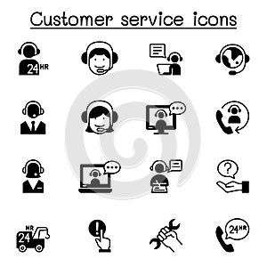 Set of Customer service related vector line icons. contains such Icons as support, call center, headset, operator, solve problem,