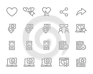 Set of customer survey line icons. Quality control, diskussion, positive feedback, social network activity, online photo