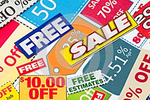 Set of cut coupons to save money.