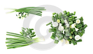 Set of cut green onions on white background. Banner design